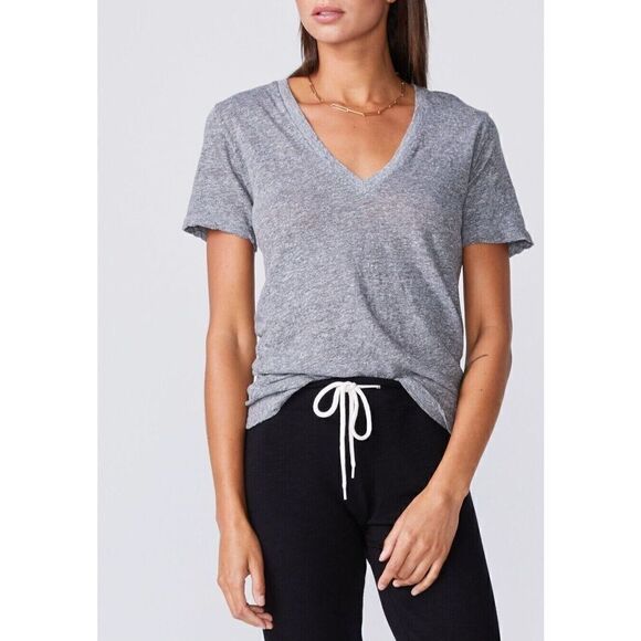 Monrow HT218MHJ Women Sz L Gray Textured Tri-Blend Relaxed V Neck Tee Shirt - Picture 1 of 8